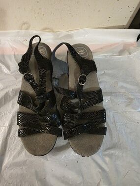 Dansko Black Leather Textured Strappy Wedge Sandals